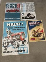 Four advertising posters: Massey-Ferguson 23 1/2 x 31 1/2", Bugatti, BMW and Porsche 911