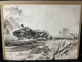 An original Gordon Horner (1915-2006) grey wash on paper depicting a sprint car on the race track