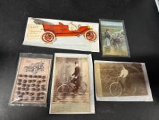 A Ford Model T cutout souvenir booklet, a hat pin showcard with veteran car illustration and three