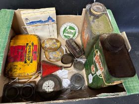 An autojumbler's lot of motoring-related items including Esso, Dunlop, Lodge Spark Plug, Castrol