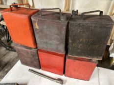 Six two gallon petrol cans including Pratts, Esso, BP, Shell etc.