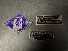 Three enamel supplier dashboard plaques, badges, emblems for Glovers of Ripon and Harrogate by Fray,
