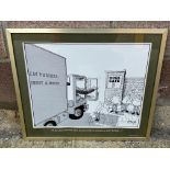 A framed and glazed cartoon of a lorry and picket line, by JAK, for the Standard, dated 1984.