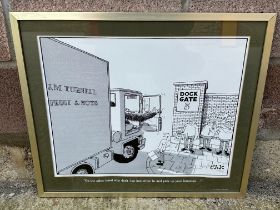 A framed and glazed cartoon of a lorry and picket line, by JAK, for the Standard, dated 1984.