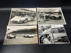 Three official press photographs of Silverstone British Grand Prix 1954 of Fangio, Moss and