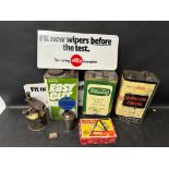 An autojumbler's lot including three gallon oil cans, Trico advertising, Lucas cycle lamp in box