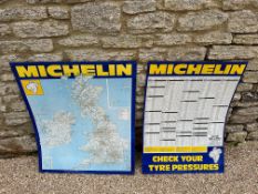 Two Michelin tin signs, one for tyre pressure and the other a map of the UK both, with Mr. Bibendum.