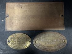 Three brass agricultural vehicle plates inc. a Curtis & Horn, Bamfords' Farmyard Manure Spreader and