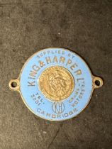 An enamel supplier dashboard plaque, badge, emblem for Cambridge Garage King & Harper.