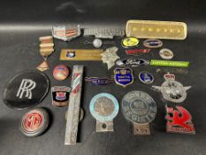 A selection of car, railway and bus related badges including Rolls-Rolls, MG, Morris, Vauxhall,