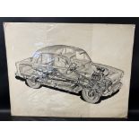 An original 1950s cutaway of a 1955 Austin A50 Cambridge, by S.E.Porter for Autocar, pen and ink