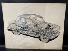 An original 1950s cutaway of a 1955 Austin A50 Cambridge, by S.E.Porter for Autocar, pen and ink