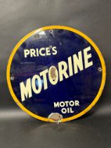 A Price's Motorine Motor Oil circular enamel advertising sign (for oil cabinet), 18" diameter.