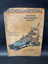 A Licenses & General Motor Insurance Policy tin advertising sign, 19 x 26".