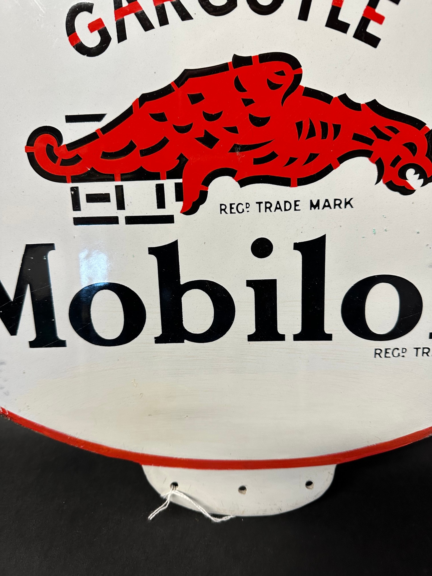 A Gargoyle Mobiloil double sided enamel advertising sign from the top of a forecourt cabinet. - Image 10 of 10