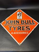 A John Bull Tyres & Accessories double sided lozenge-shaped enamel advertising sign, 28 x 28".