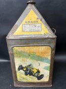 A Gamages Motor Oil five gallon pyramid can.