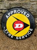 A Dunlop Approved Tyre Service printed tin advertising sign, 30" diameter.