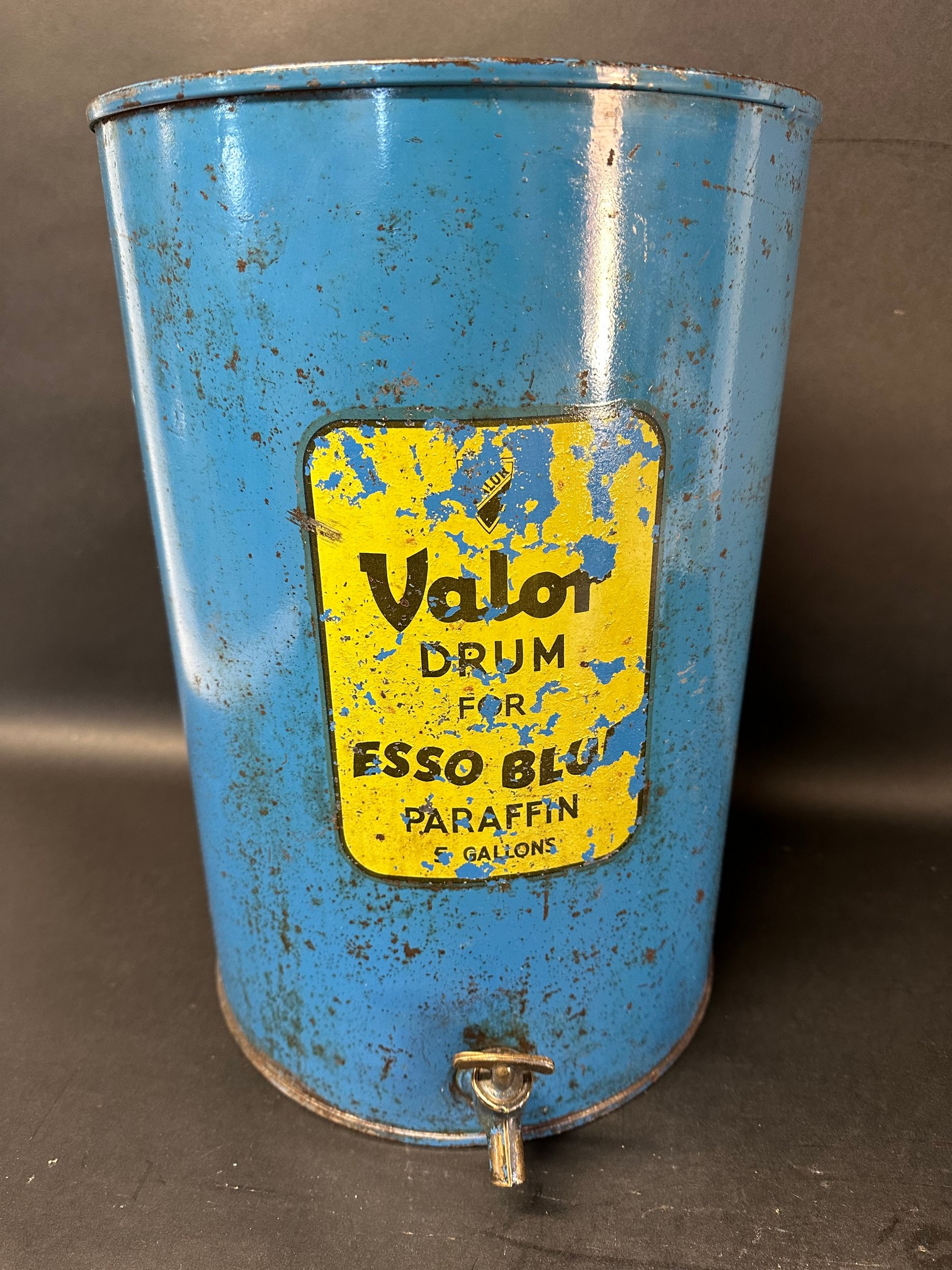 An Esso Blue Valor five gallon paraffin drum.