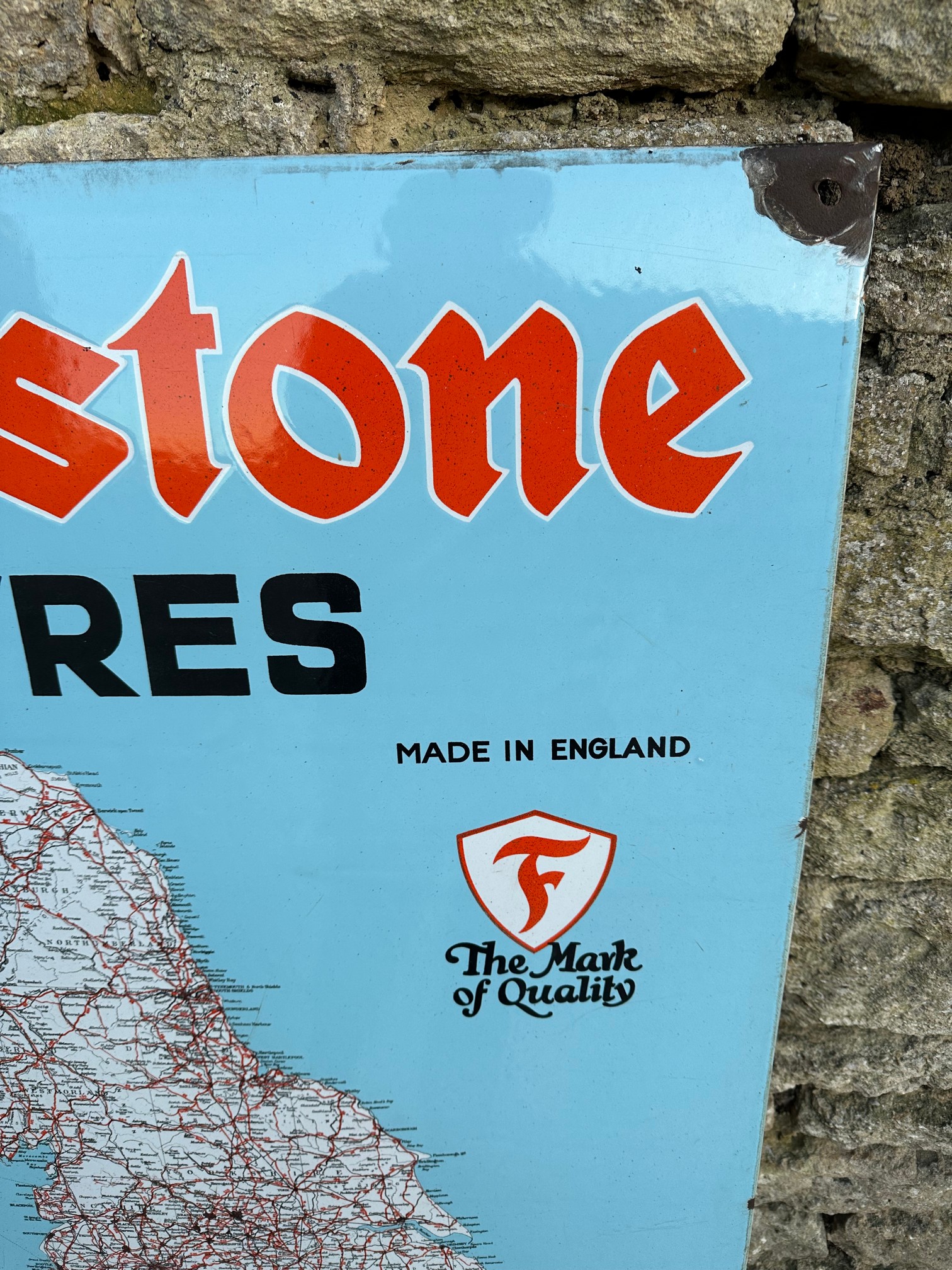 A Firestone Tyres enamel advertising sign depicting a map of England and Wales, 28 1/2 x 48 1/4". - Image 3 of 6