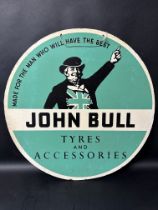 A John Bull Tyres and Accessories hardboard hanging advertising sign, 23 1/2" diameter.