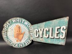 A Rudge-Whitworth Coventry Cycles double sided enamel advertising sign with flange, 25 x 13".