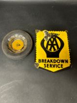 An AA Breakdown Service pennant-shaped enamel sign plaque and a Dunlop tyre advertising ashtray.