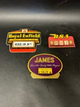 Three motorcycle showcard price indicators including James, BSA and Royal Enfield.