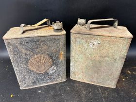 A Shell two gallon petrol can with Shell cap and one other with National Benzole Mixture cap.