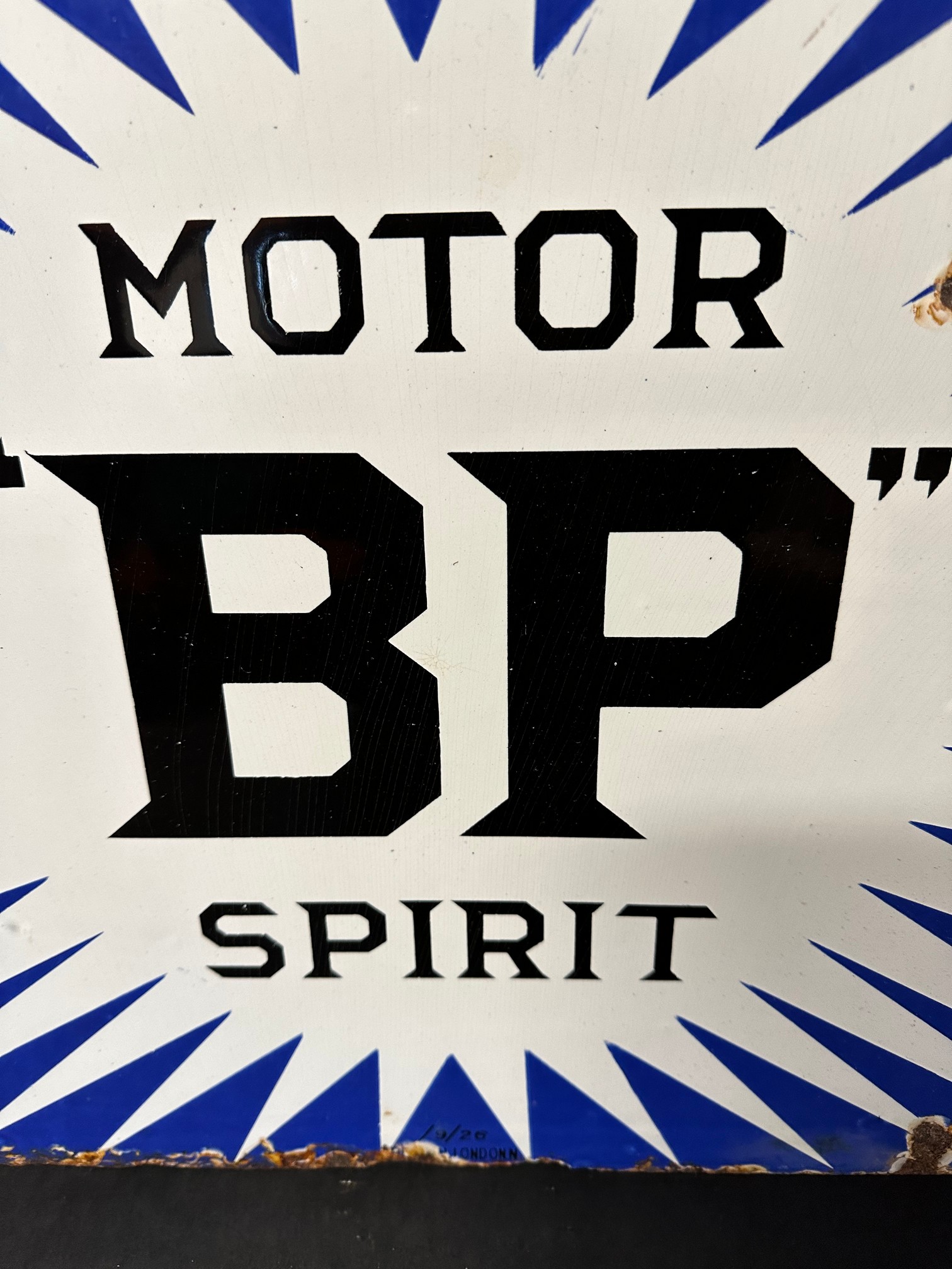A BP Motor Spirit double sided enamel advertising sign with hanging flange, dated 9/26, 24 1/4 x - Image 5 of 15