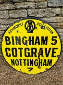An Automobile Association AA enamel sign from the Fosse Way Bingham, Cotgrave, Nottingham by