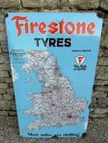 A Firestone Tyres enamel advertising sign depicting a map of England and Wales, 28 1/2 x 48 1/4".