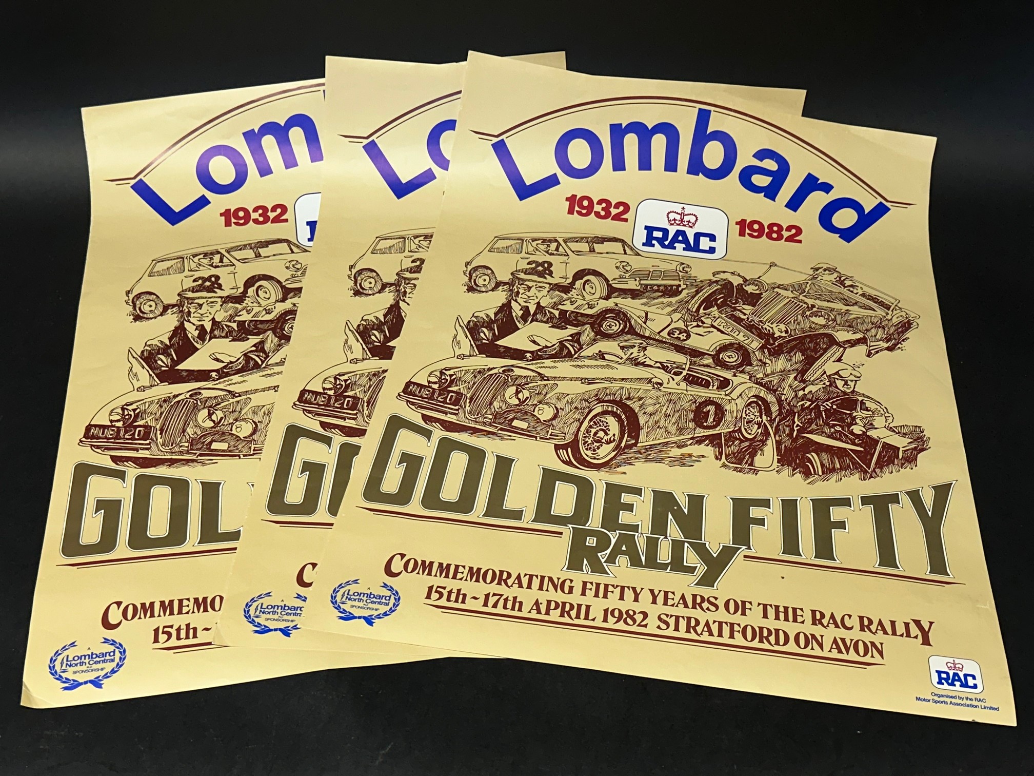 Three original Lombard Golden Fifty Rally 1982 advertising posters with RAC sponsorship, 19 1/2 x 27