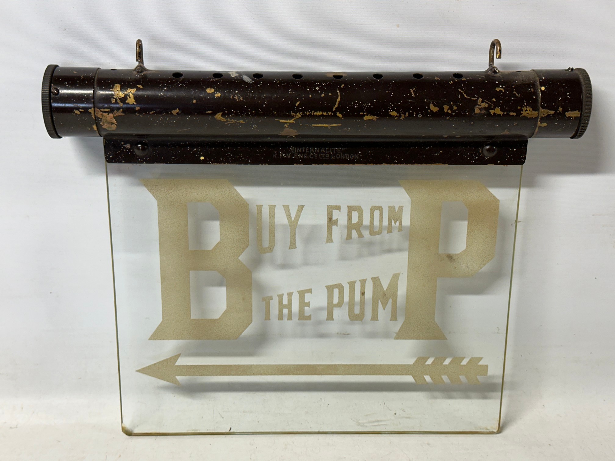 A rare BP 'Buy From the Pump' glass hanging light by Internalite K.F.M. ENG Co. Ltd., 13 3/4 x 10