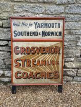 A Grosvenor Streamline Coaches advertising board for Yarmouth, Southend and Norwich, 25 x 36".