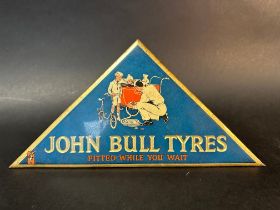 A rare John Bull Tyres 'Fitted While You Wait' tin counter top advertising stand with wall hanging