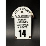 A Gloucester (City & Council) enamel plaque sign for Hackney Carriage 4 Seats, no. 14, 6 x 4".