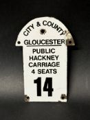 A Gloucester (City & Council) enamel plaque sign for Hackney Carriage 4 Seats, no. 14, 6 x 4".