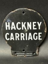 A Hackney Carriage enamel sign plaque by Metours Limited, Wembdon, Somerset, 6 3/4 x 6".