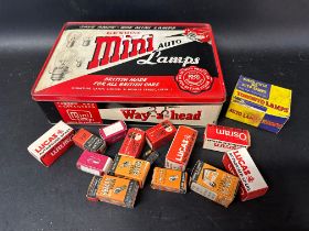 A Mini Auto Lamps tin with various new old stock lamps/bulbs.