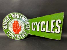 A Rudge-Whitworth, Coventry Cycles double sided enamel advertising sign with flange, Reg No. 445365,