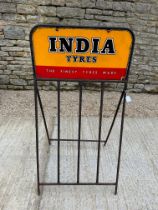 An India Tyres forecourt tyre stand with double sided enamel advertising sign, 25 1/4 x 48".