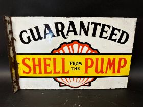 A Shell From The Pump Guaranteed double sided enamel advertising sign with hanging flange, 24 1/4