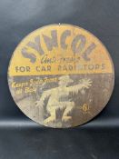 A Syncol Anti-Freeze for car radiators 'Keeps Jack Frost at Bay' tin advertising sign, 19 1/4"
