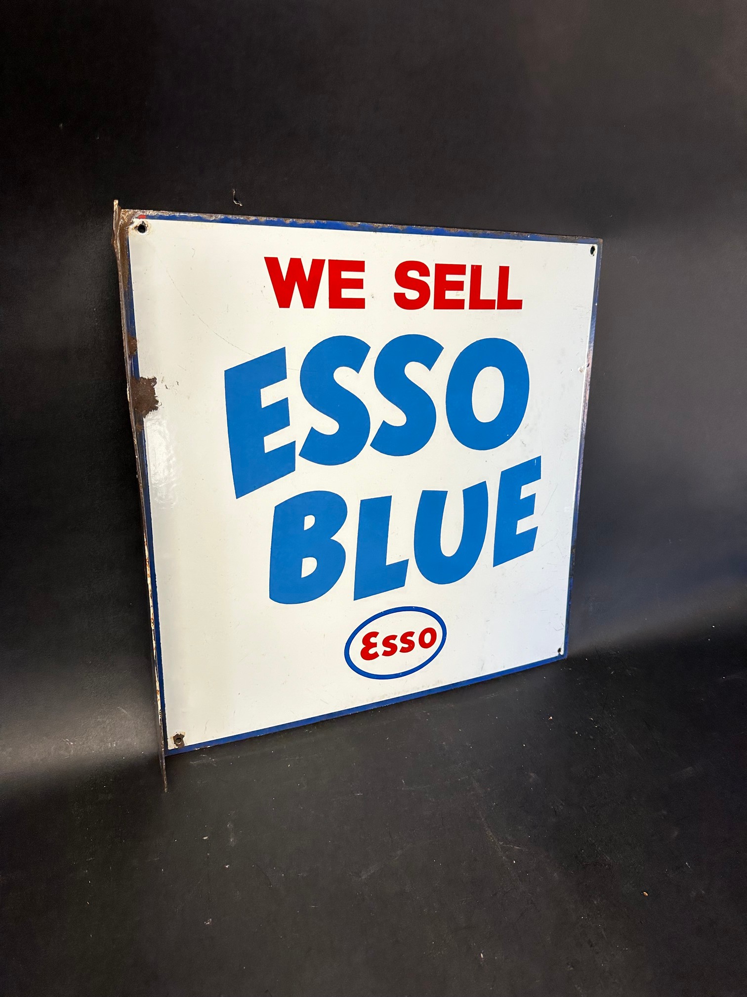 An Esso Blue double sided enamel advertising sign with hanging flange, 18 x 18".