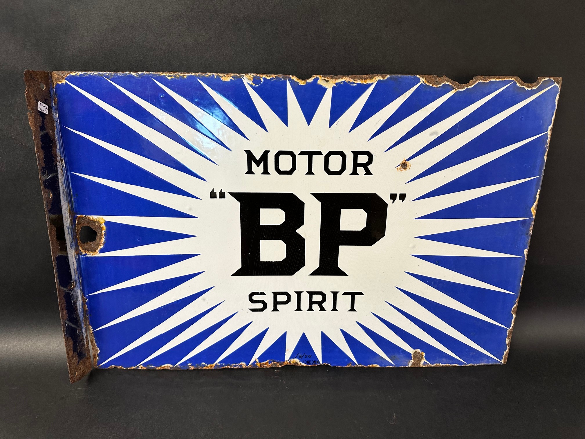 A BP Motor Spirit double sided enamel advertising sign with hanging flange, dated 9/26, 24 1/4 x