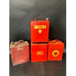 Four 2 gallon petrol cans: Shell Motor Spirit with Shell-Mex cap, the other three repainted, two