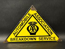 An AA Breakdown Service triangular enamel advertising sign, 12 1/4 x 7 1/2".