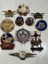 Eleven badges, some enamel inc. Aeroshell, Butlins Car Club and 1950 Rally, Hornby Railway (x2),