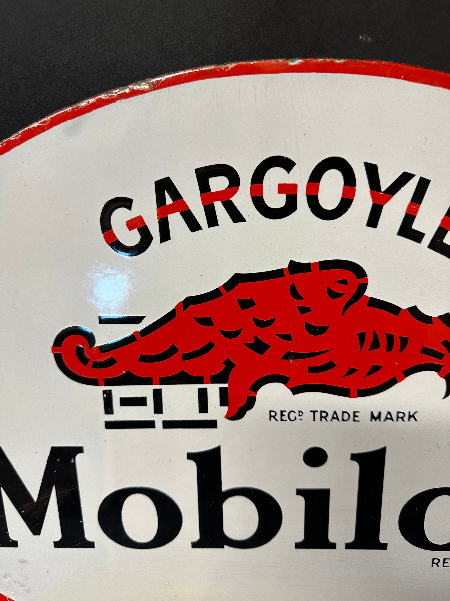 A Gargoyle Mobiloil double sided enamel advertising sign from the top of a forecourt cabinet. - Image 8 of 10